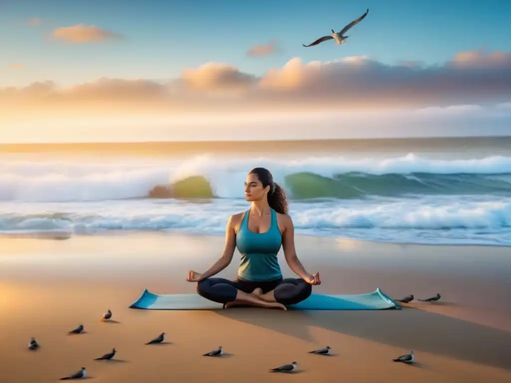 Silenciosa meditación al amanecer en una playa de Uruguay