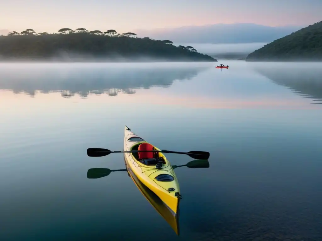 Silenciosa pesca en kayak al amanecer en Laguna Garzón, Uruguay, envuelta en serenidad y conexión con la naturaleza