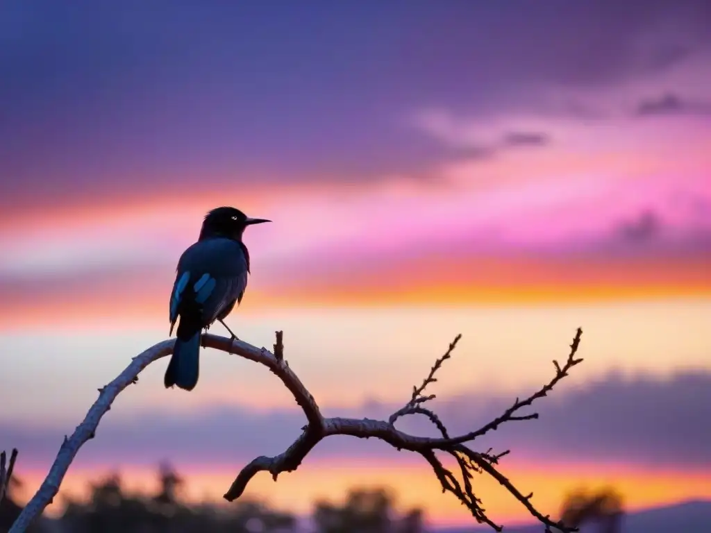 Silueta de ave en rama al atardecer en reserva natural para observar aves