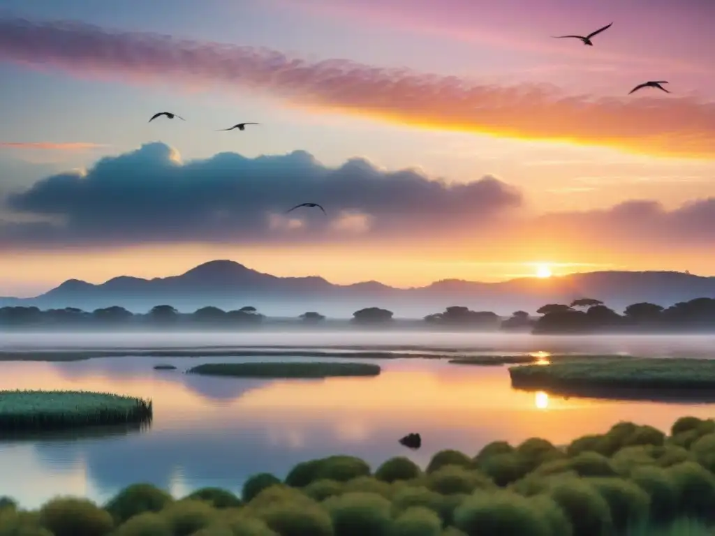 Silueta de aves en vuelo al amanecer sobre Laguna Garzón, Uruguay