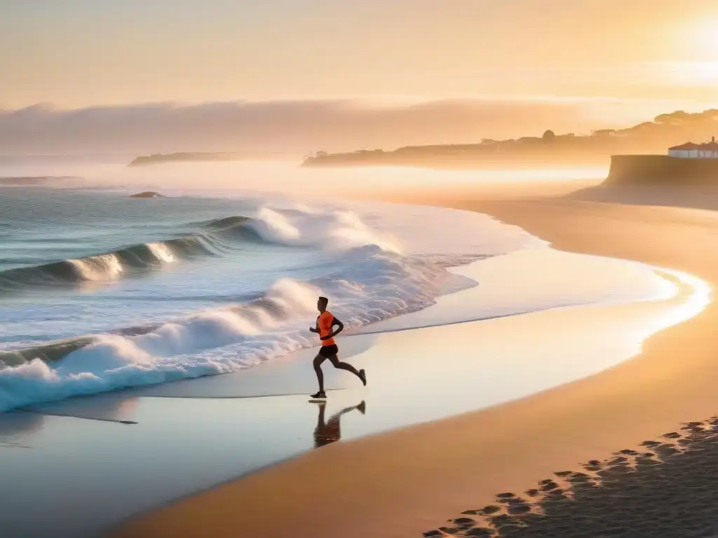 Silueta de corredor al amanecer en las mejores playas para correr Uruguay, bajo un cielo dorado y sereno