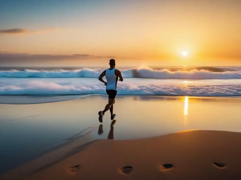 Silueta de corredor disfrutando de la tranquilidad de la playa al amanecer en Uruguay - Mejores playas para correr Uruguay