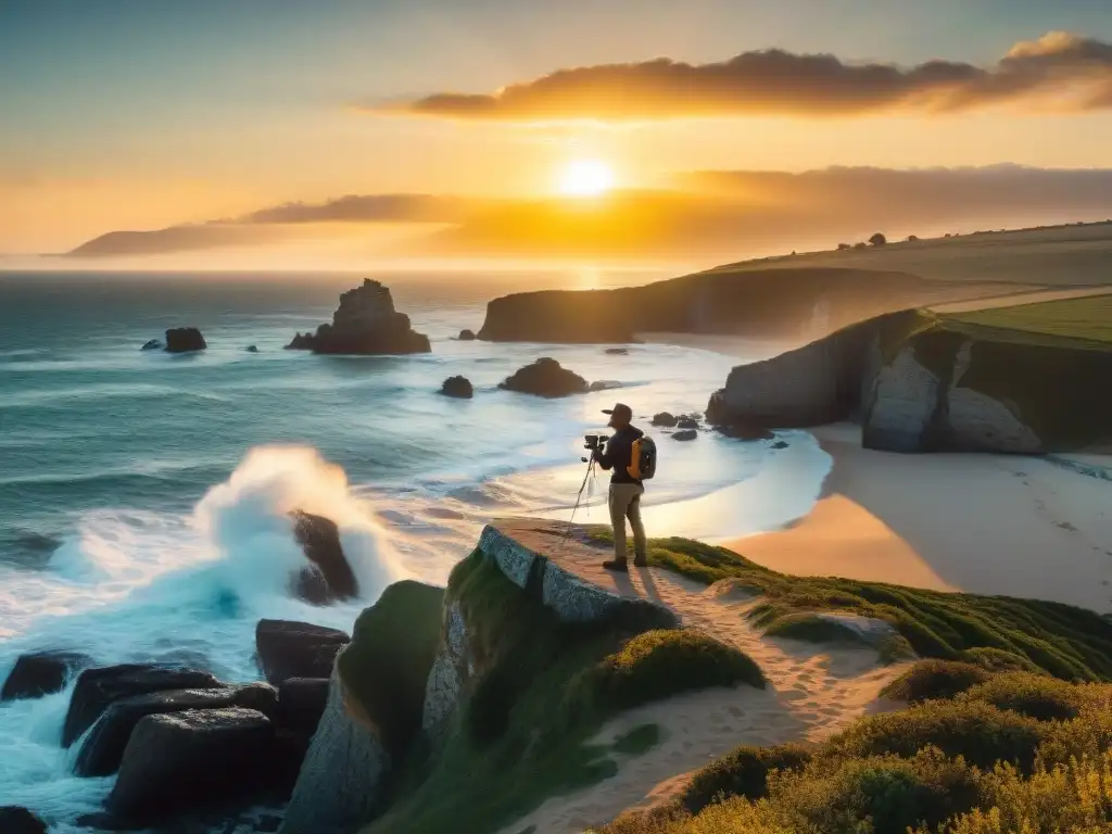 Silueta de fotógrafo capturando atardecer dorado en la costa de Uruguay