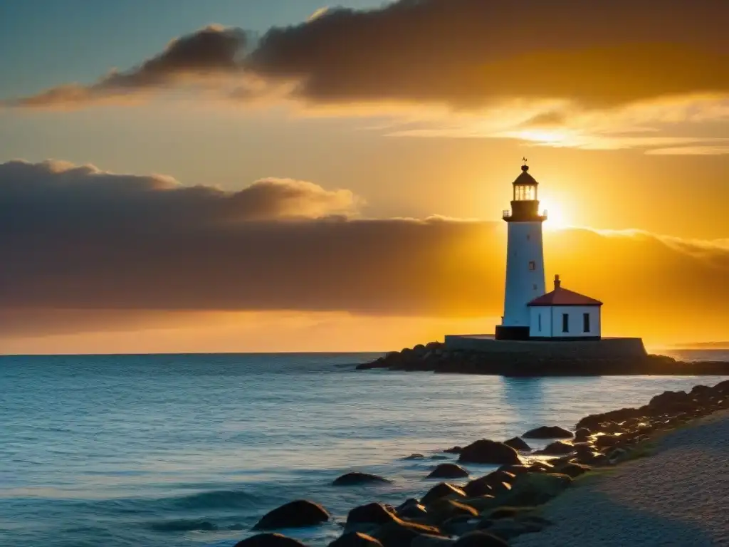 Atardecer mágico en el Faro de Colonia, Uruguay Silueta del icónico Faro de Colonia en Uruguay, historia marítima, bajo un vibrante atardecer en el Río de la Plata