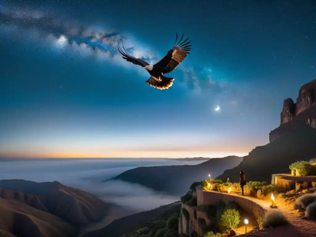 Silueta majestuosa del cóndor andino surcando la noche estrellada en Quebrada de los Cuervos