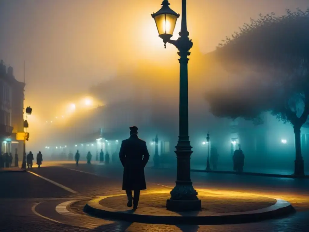 Silueta misteriosa bajo farola en Montevideo en noche de niebla, inspirando leyendas urbanas Montevideo misterios