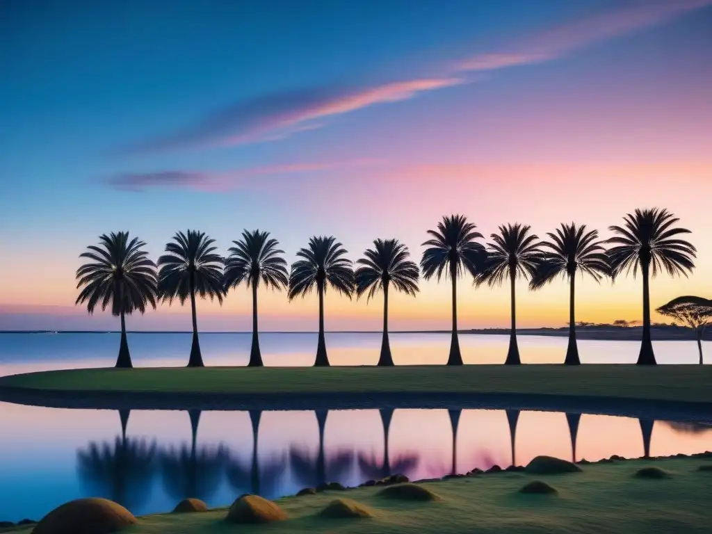 Silueta de palmeras al atardecer en Uruguay, reflejadas en el río de la Plata