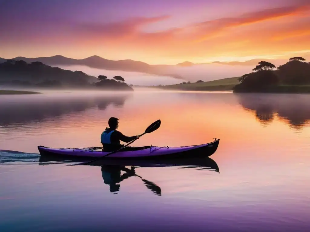 Paisaje sereno: kayak al atardecer en río de Uruguay Silueta de kayaker surcando río en Uruguay al atardecer, reflejos cálidos en agua tranquila