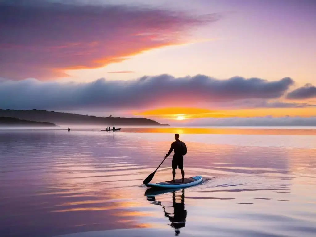 Silueta de paddle surfer al amanecer en aguas uruguayas