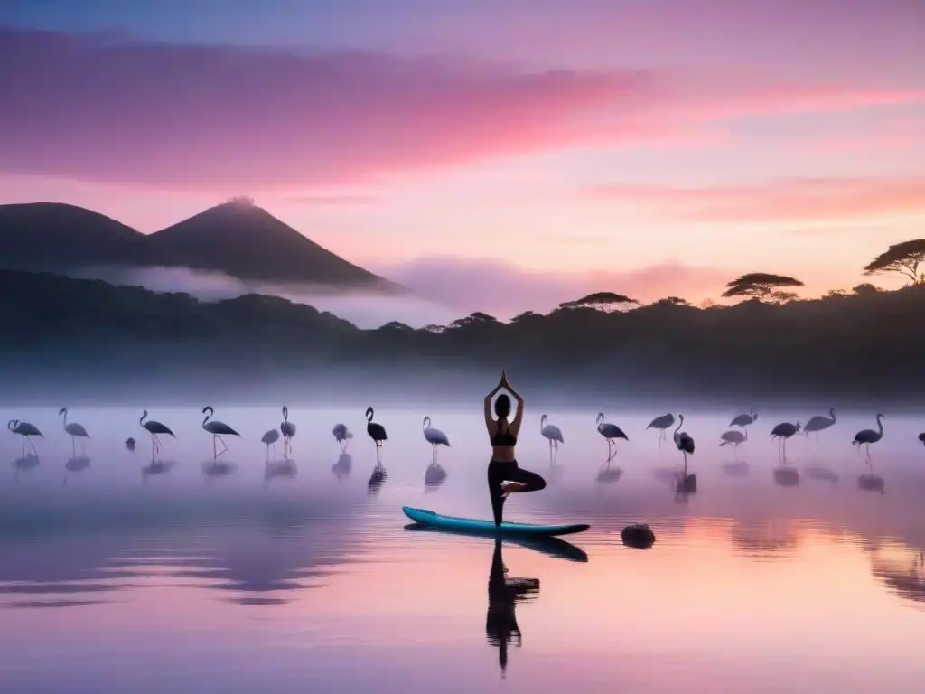 Silueta practicando yoga al amanecer en Laguna Garzón, rodeada de flamencos rosados