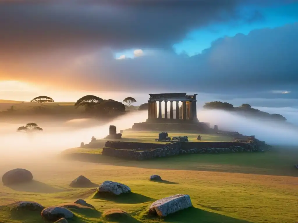 Siluetas fantasmales emergen de la niebla en las ruinas de Cerro de las Ánimas, Uruguay, en un atardecer misterioso