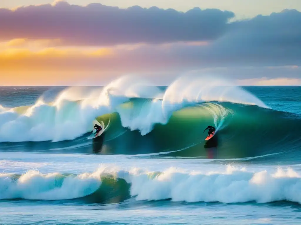 Siluetas de bodyboarders surfeando olas gigantes al atardecer en Punta del Este, capturando la emoción del deporte acuático