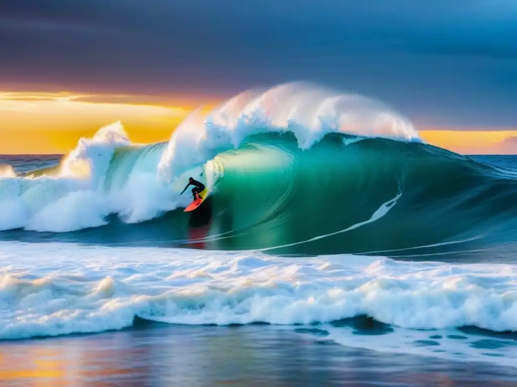 Siluetas de bodyboarders surfeando olas intensas al atardecer en Punta del Este