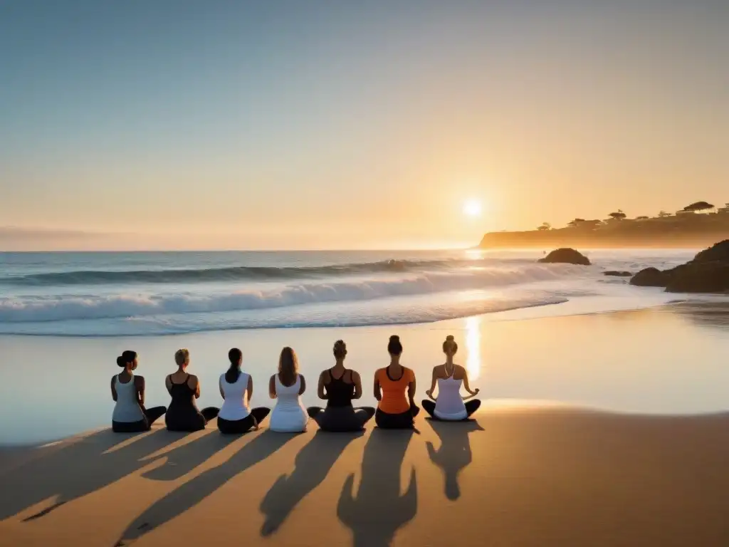 Siluetas de practicantes de yoga en la playa al atardecer en Uruguay, transmitiendo paz y conexión con la naturaleza