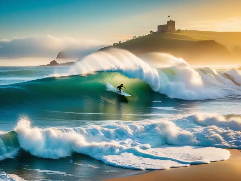 Siluetas de surfistas surfeando al atardecer en Uruguay, con un cielo vibrante