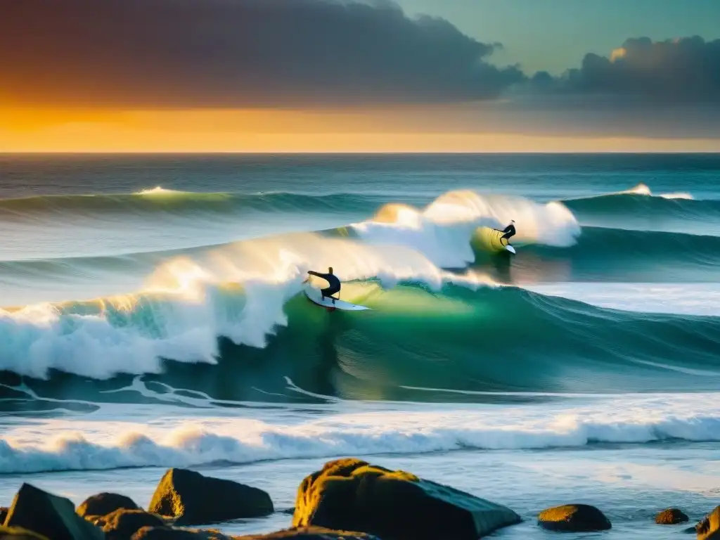 Siluetas de surfistas surfeando al atardecer en La Paloma Beach, Uruguay