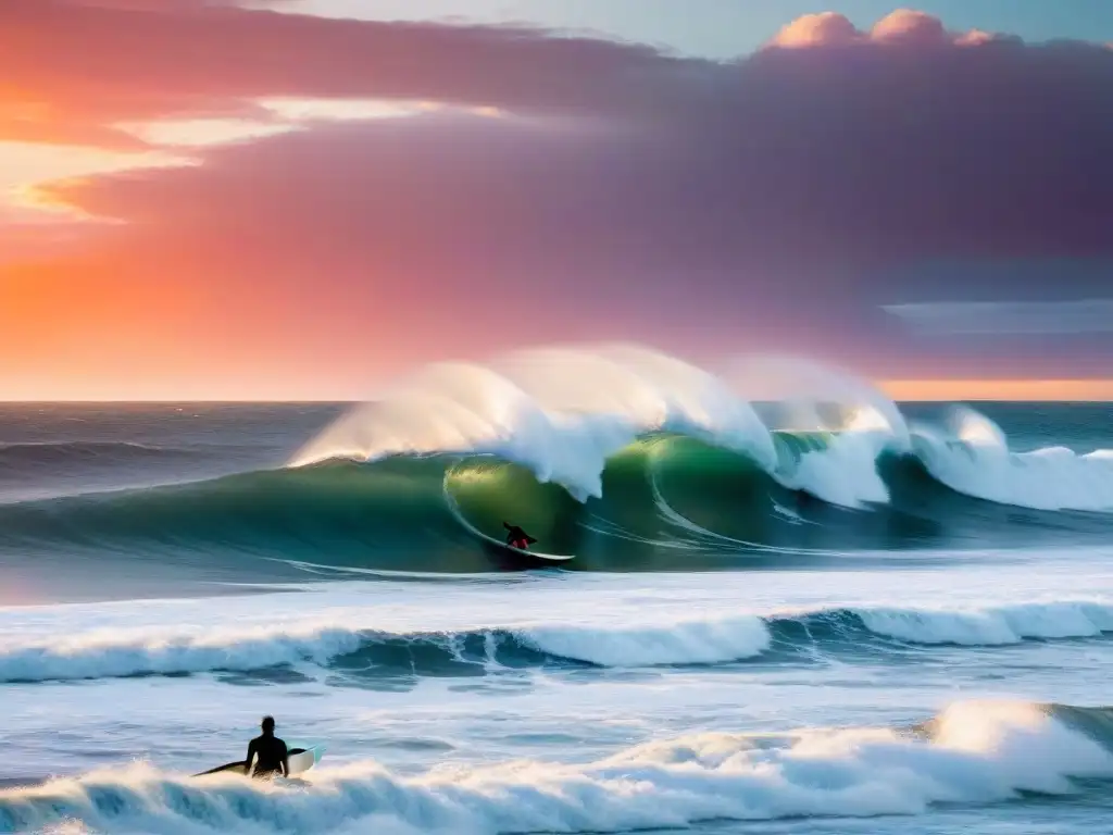 Siluetas de surfistas expertos surfeando al atardecer en Punta del Diablo, Uruguay