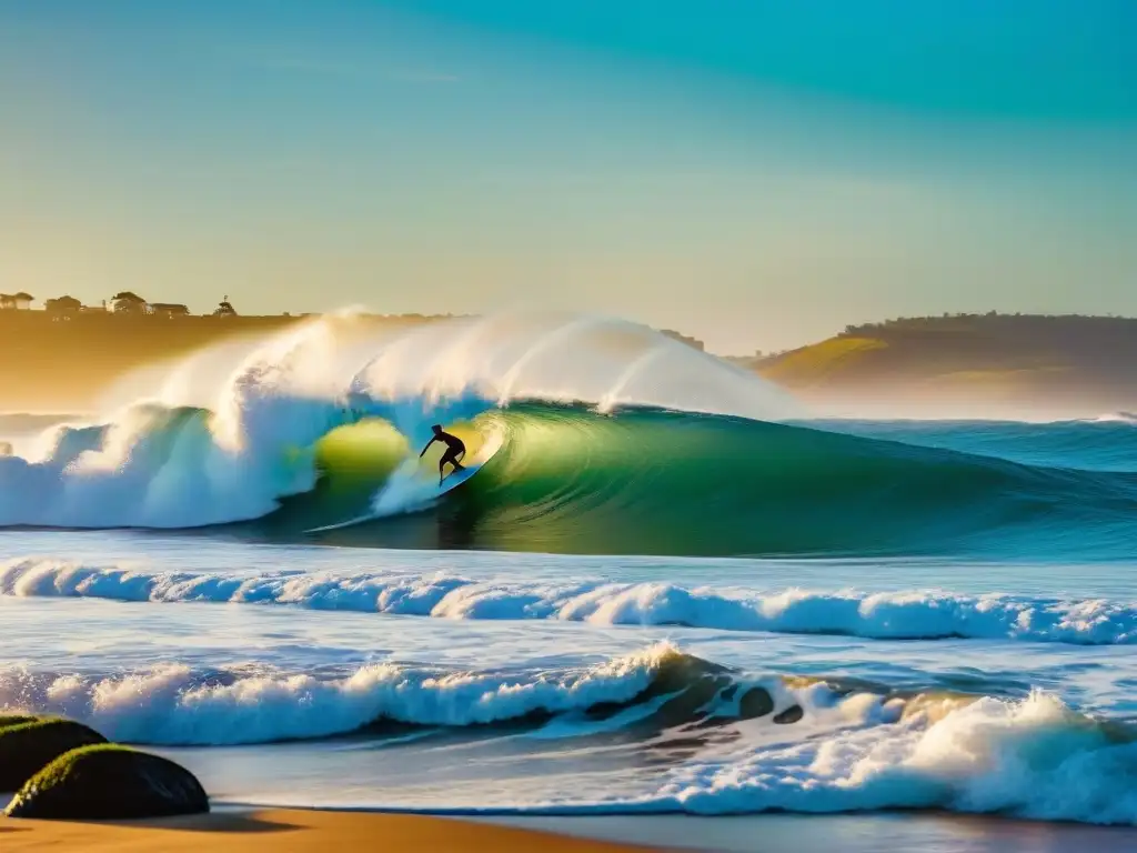 Siluetas de surfistas en Punta del Diablo, Uruguay, con el sol dorado y olas dramáticas