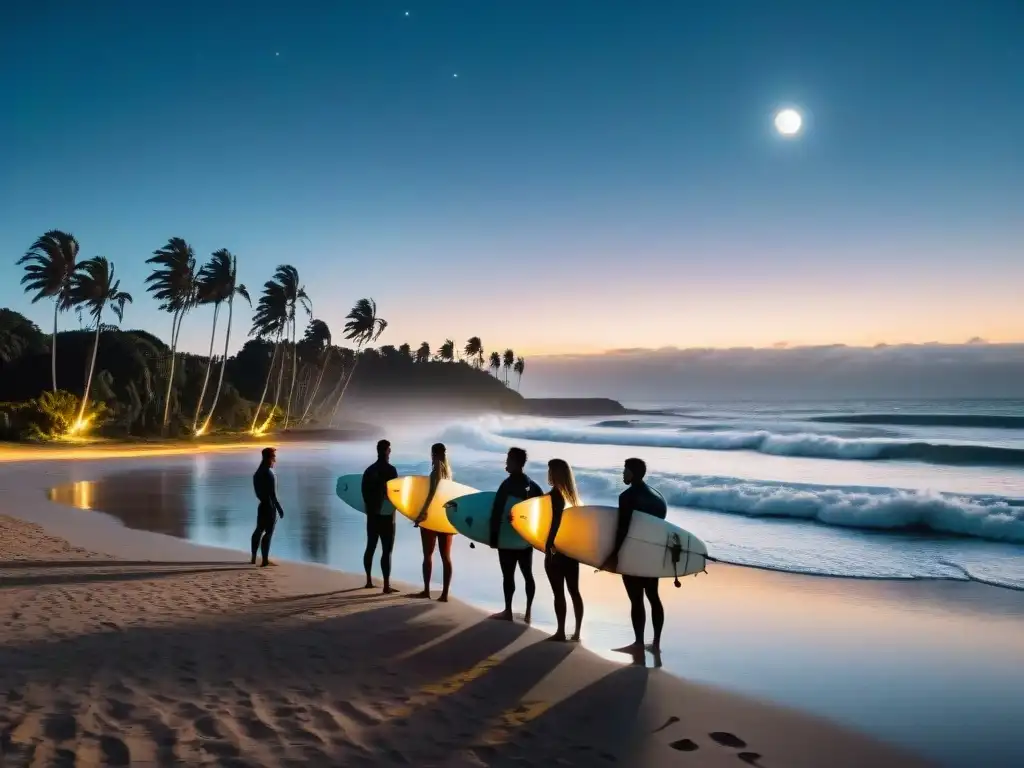 Siluetas de surfistas con tablas iluminadas bajo la luna en Surf nocturno en Uruguay