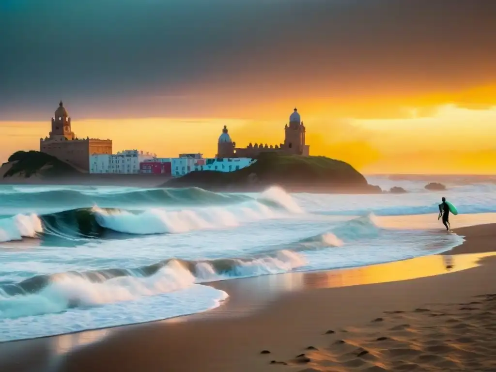 Siluetas de surfistas en vibrante atardecer en La Pedrera Beach, Uruguay