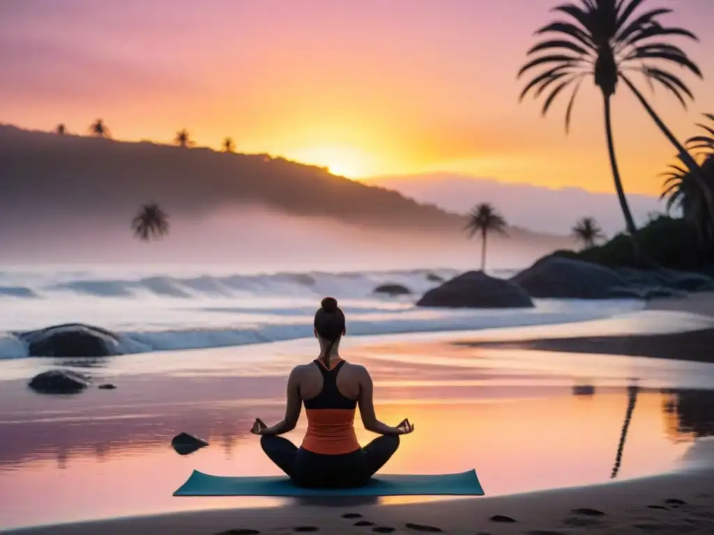 Siluetas practicando yoga al amanecer en playa de Uruguay, reflejos del cielo en el mar tranquilo