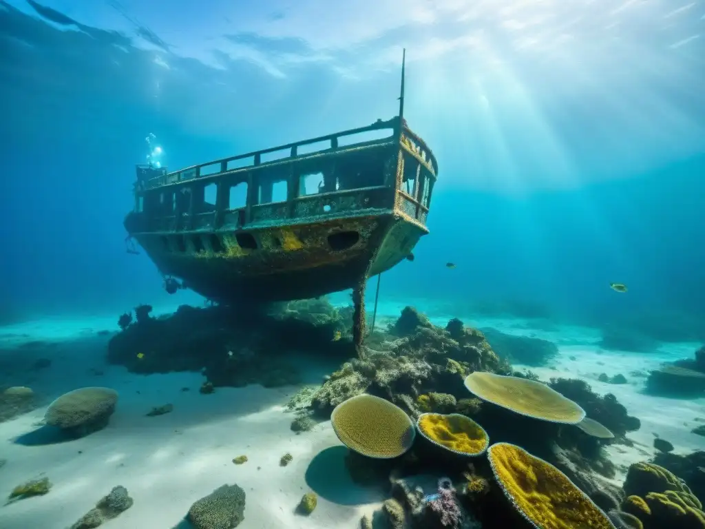 Explorando sitios arqueológicos sumergidos en Uruguay: un naufragio iluminado por rayos de sol en aguas cristalinas, rodeado de vida marina colorida