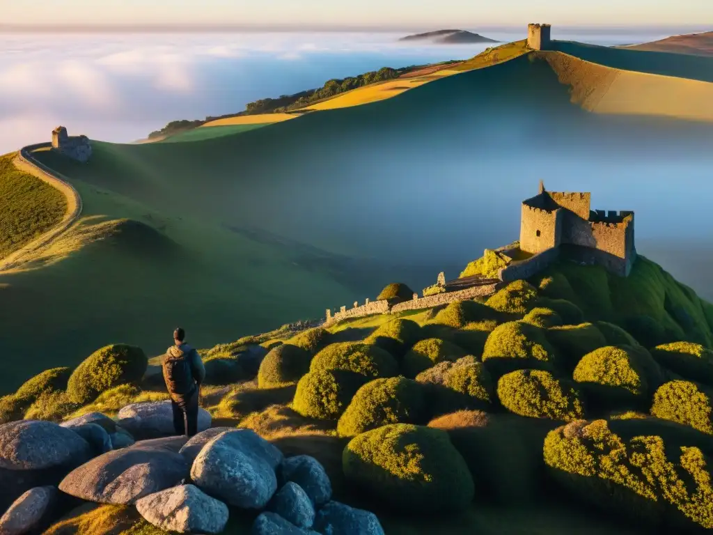 Explorar sitios históricos en Uruguay: antigua fortaleza de piedra al atardecer, con figuras siluetadas en la entrada