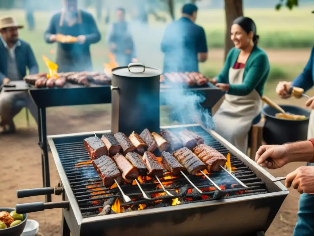 Grill sizzling with meat cuts at a traditional Uruguayan asado with locals enjoying food under the trees