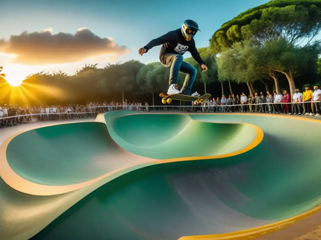 Skate BMX turismo aventura Uruguay: Atletas realizan acrobacias en vibrante skatepark, con público emocionado bajo cálida luz dorada al atardecer