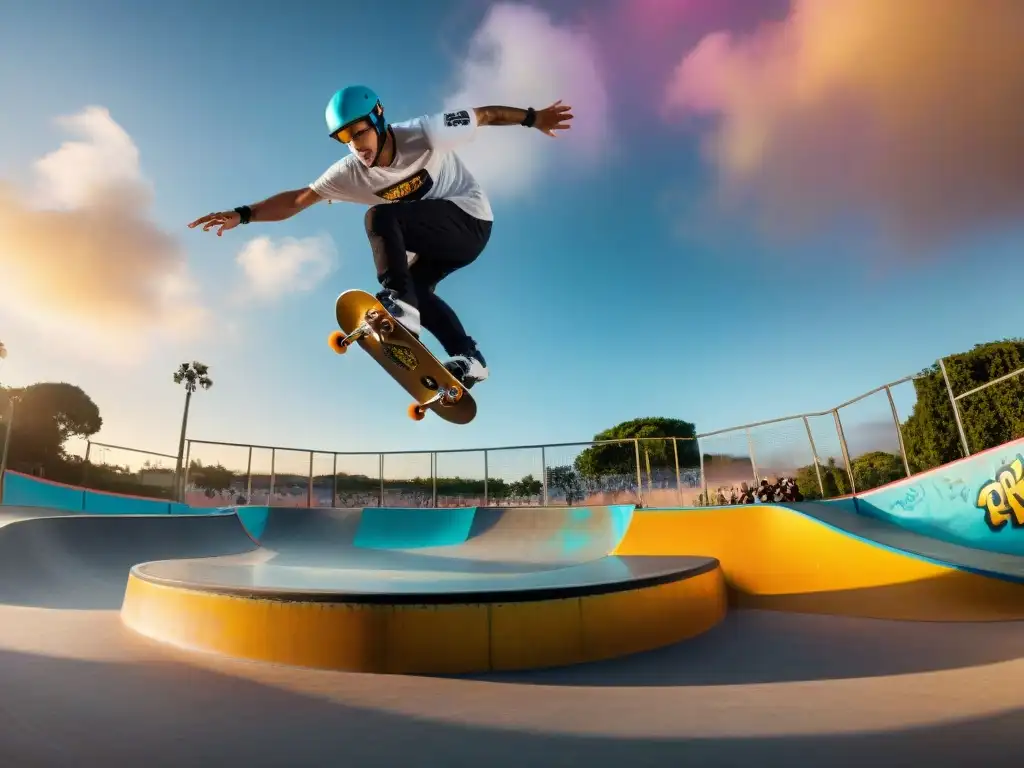 Skate y BMX en Uruguay: Atletas realizan trucos impresionantes en un parque con grafitis vibrantes al atardecer