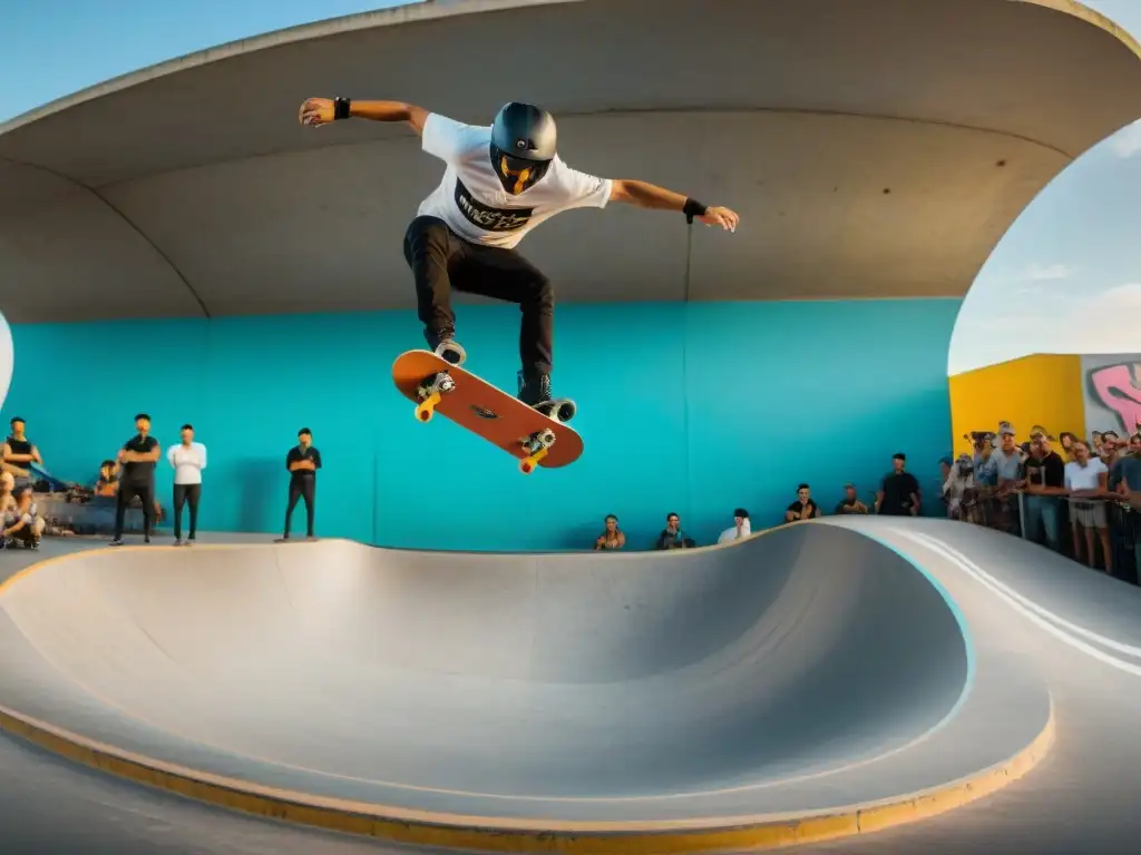 Skate y BMX en Uruguay: Skateboarders y ciclistas realizan trucos impresionantes en un bullicioso skatepark urbano