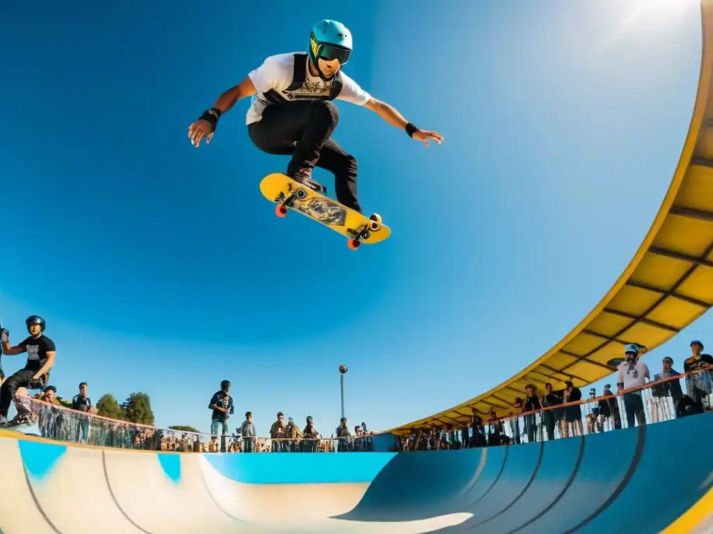 Skate y BMX en Uruguay: Jóvenes deportistas realizan acrobacias en un skatepark, con grafitis coloridos de fondo y un cielo azul perfecto