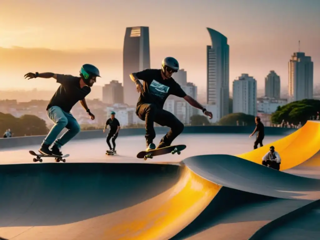 Skate y BMX en Uruguay: Skatepark urbano en Montevideo al atardecer, con deportistas realizando impresionantes trucos bajo un cielo vibrante