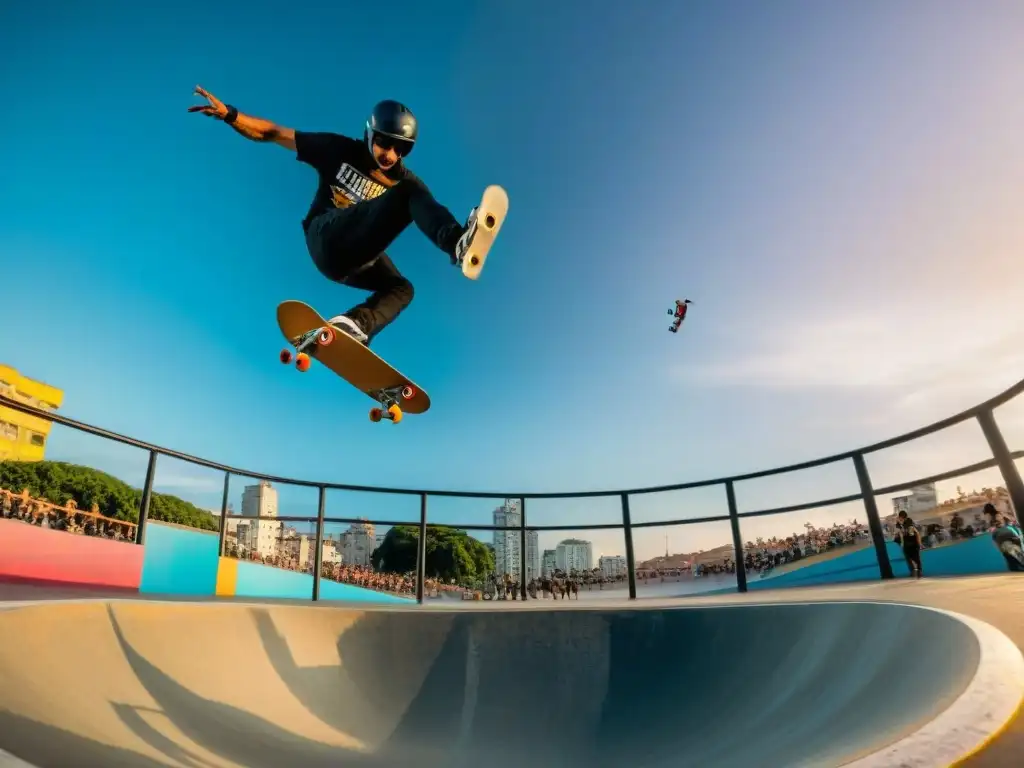 Skate y BMX en Uruguay: Skatepark vibrante en Montevideo con riders realizando acrobacias enérgicas y colorido ambiente de grafitis