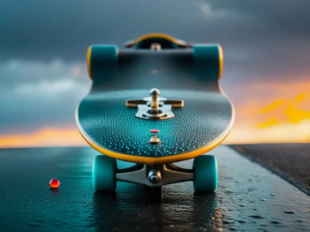 Skateboard con gotas de lluvia brillantes, ruedas vibrantes y cubierta desgastada, descansando en pavimento mojado en Uruguay