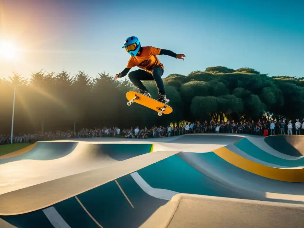 Skateboarders y BMX riders en skatepark al atardecer en Uruguay