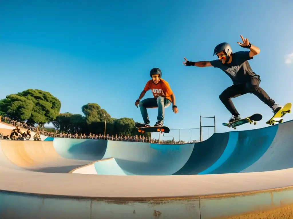 Skateboarders y riders de BMX en Uruguay, compartiendo risas y celebrando juntos en el skatepark