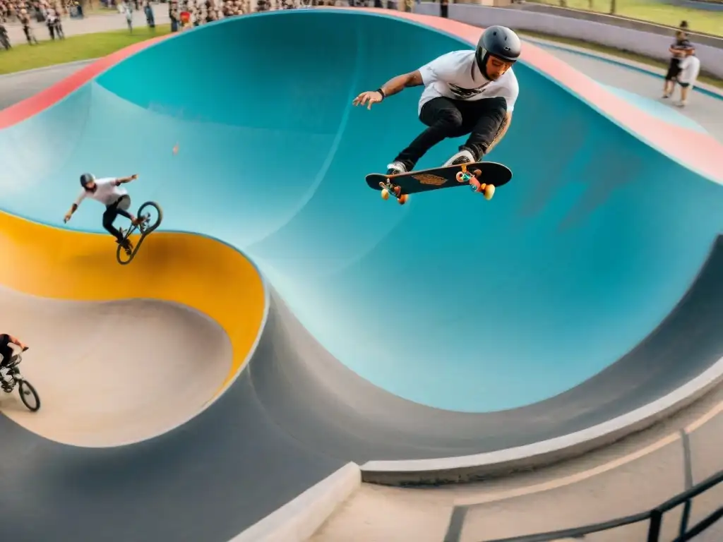 Skateboarders y riders realizan trucos en un parque de skate en Uruguay con murales urbanos vibrantes de fondo