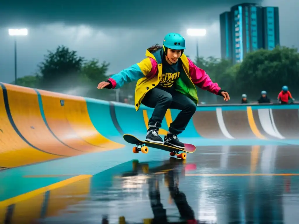 Skateboarders en skatepark urbano bajo lluvia intensa, deslizándose con destreza y seguridad en medio de un desafiante clima