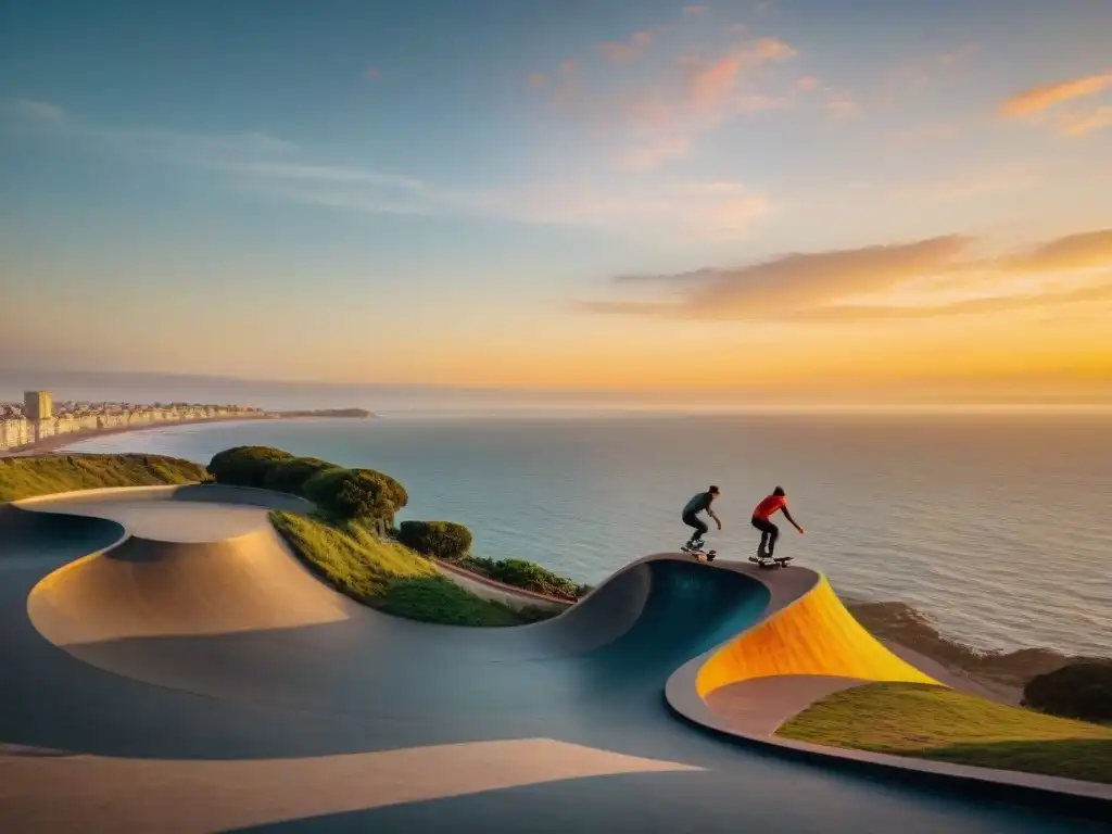 Skateboarders realizando trucos al atardecer en spot secreto de Montevideo, reflejando pasión y camaradería