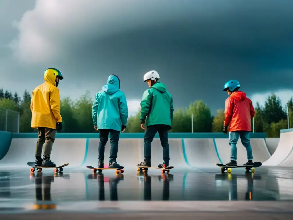 Skateboarders realizan trucos bajo la lluvia en skatepark con charcos y cielo nublado