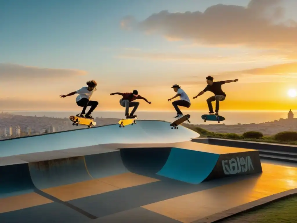 Skateboarders ejecutan trucos sincronizados en skatepark graffiteado en Montevideo al atardecer, mostrando su destreza y pasión