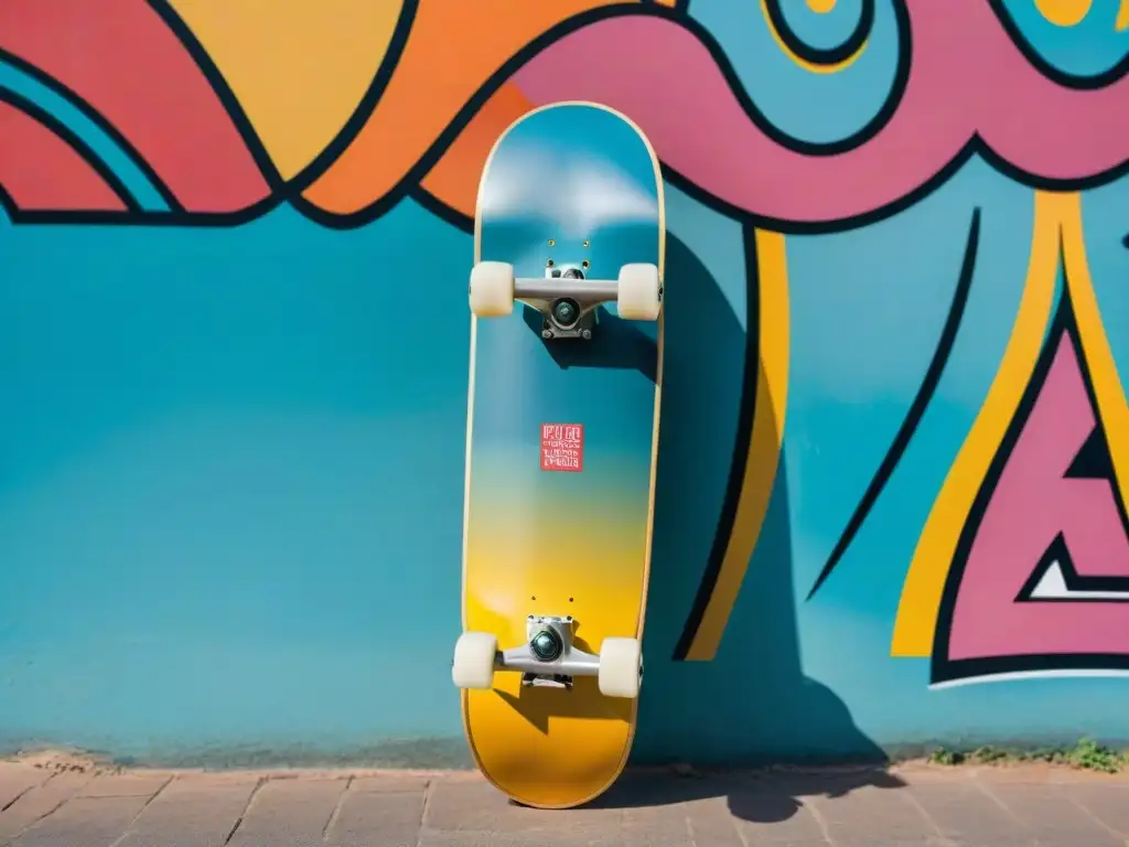 Skateboarding artístico en Uruguay: Detalle de tabla vibrante contra pared graffiteada en parque de skate