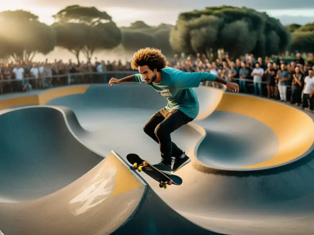 Skateboarding y BMX en Uruguay: Skatepark vibrante con riders realizando trucos impresionantes bajo la cálida luz dorada