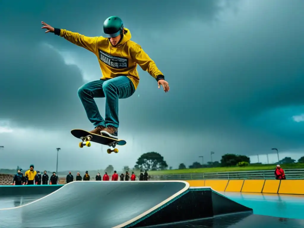 Skateboarding lluvia consejos seguridad: Skateboarders ejecutan trucos en skatepark mojado bajo lluvia intensa