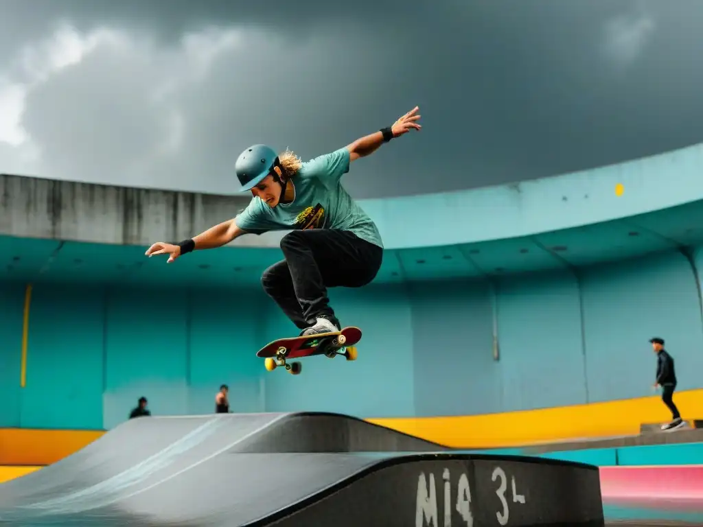 Skateboarding lluvia consejos seguridad: Skaters habilidosos surfeando en un skatepark urbano bajo la lluvia en Uruguay