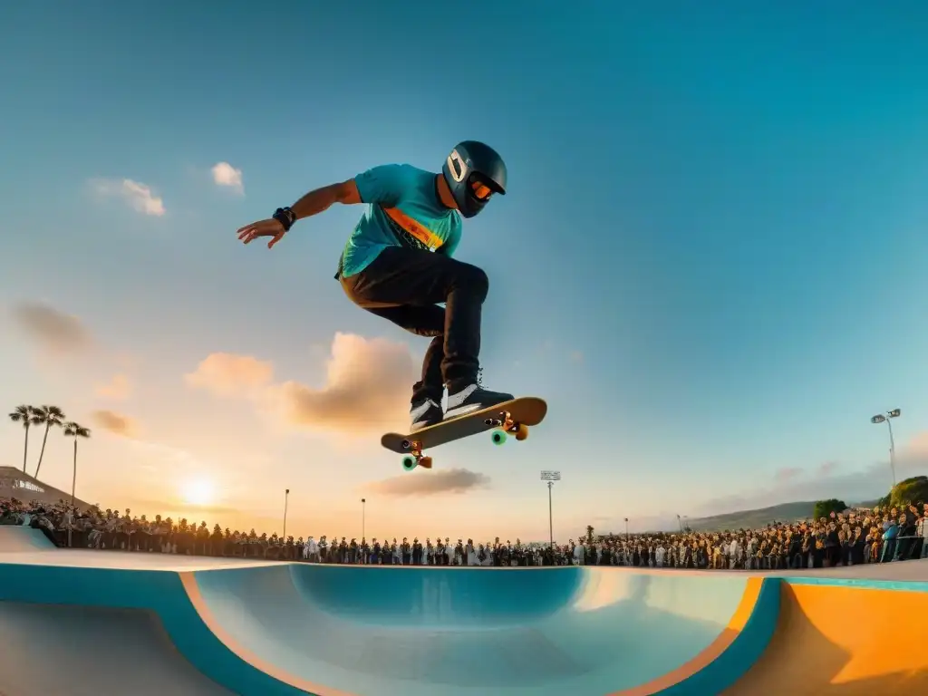 Skatepark en Uruguay: atletas realizan trucos impresionantes mientras el sol se pone, con espectadores animando