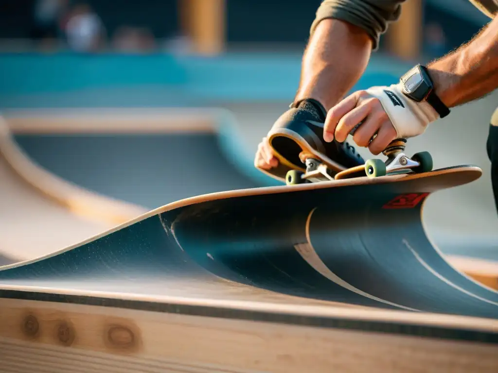 Un skater experto construyendo una rampa de skate paso a paso con una herramienta de raspado, mostrando precisión y arte