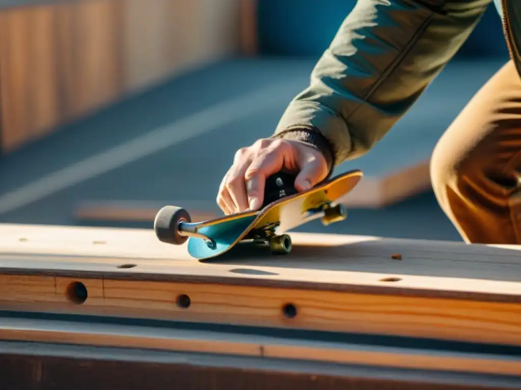 Un skater construyendo una rampa, manos trabajadas con callos y suciedad, apretando tornillos con un destornillador