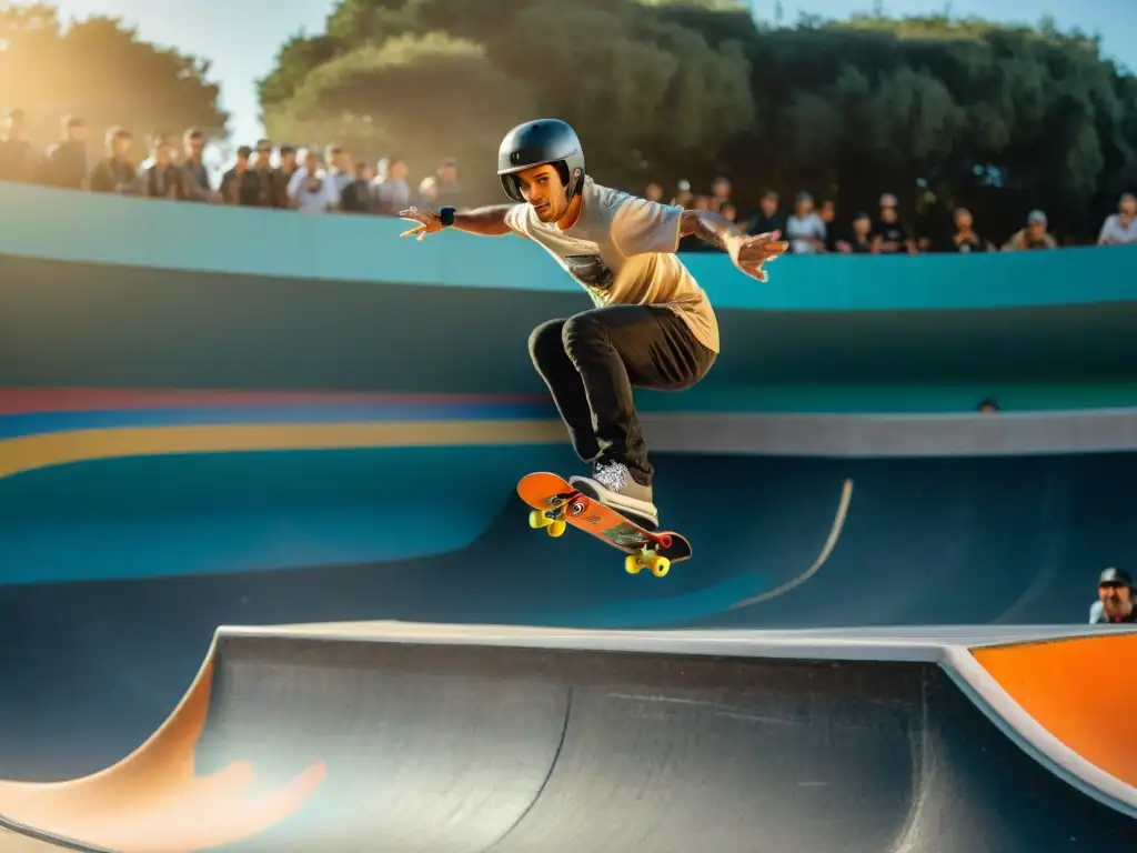 Un skater realiza un truco complejo en un halfpipe en un skatepark en Uruguay